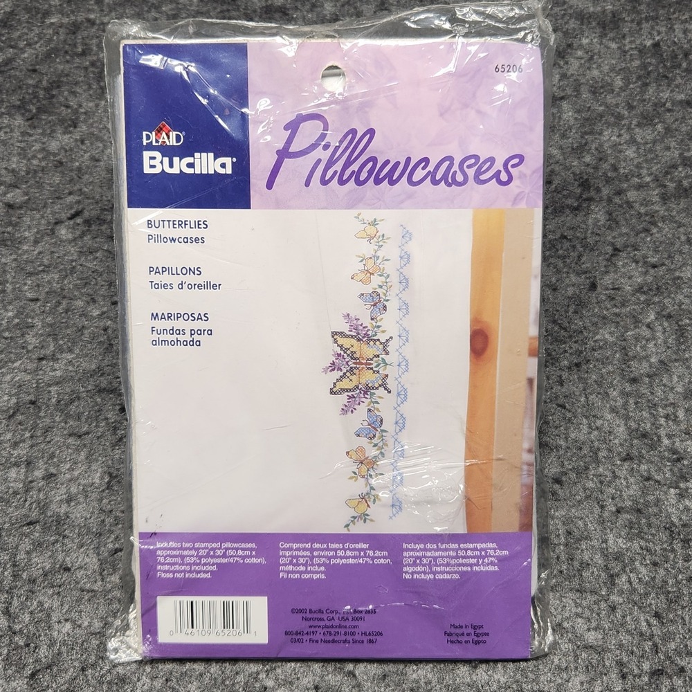 Plaid Bucilla Pillowcases Stamped Cross Stitch Butterflies Flowers 65206 NOS